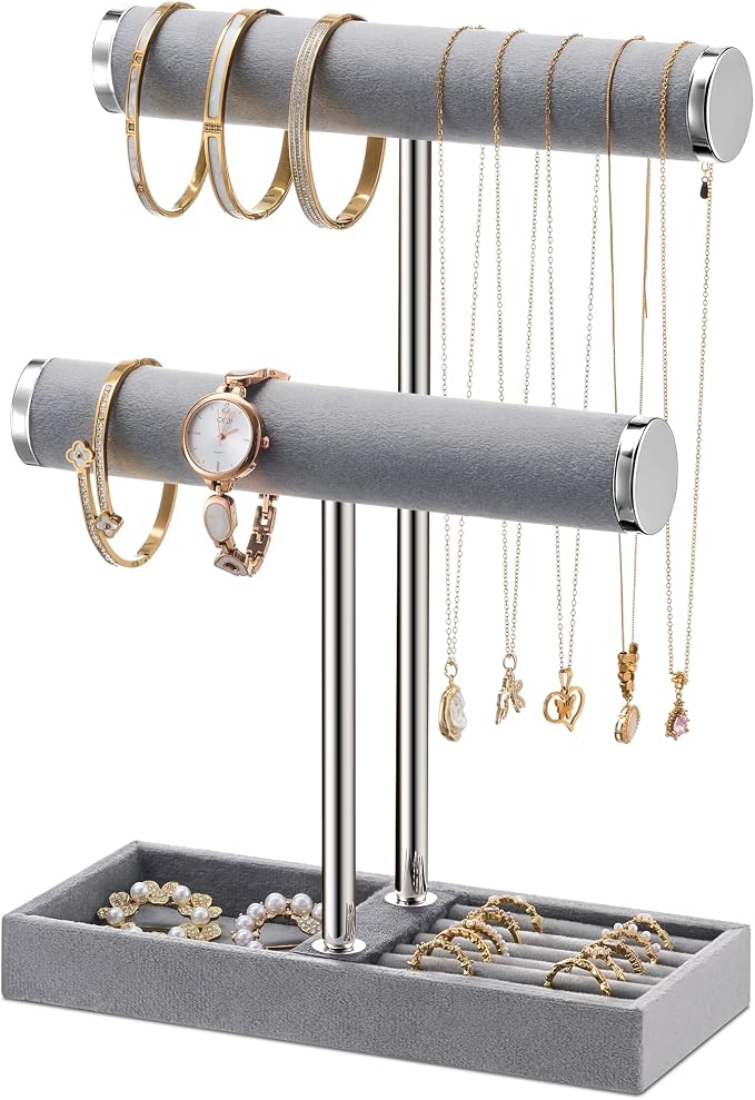 bussdis 2 Tier Bracelet Holder Display, Necklace Holder Organizer, Grey | Velvet Necklace Holder | Jewelry Tree | Jewelry Towers | Jewelry Stand Organizer for Necklaces, Bracelets, Earrings, Rings