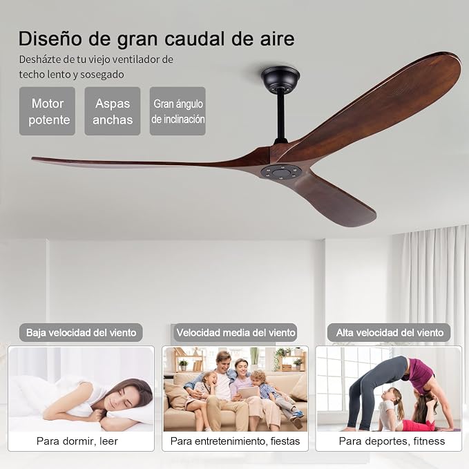 72 inch Ceiling Fans without Lights, Large Wood Ceiling Fan no Light with Remote, Outdoor Ceiling Fan for Patios Porch Living Room Offic, 6 Speed, Quiet DC MotorDeep Walnut Blades