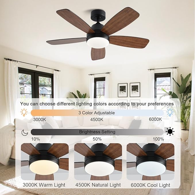 GJeg Ceiling Fans with Lights, 42 Inch Low Profile Ceiling Fan with Lights and Remote Control, LED Dimmable DC Reversible, 8 Speed, Noiseless, Modern Brown Ceiling Fan for Bedroom, Indoor/Outdoor Use