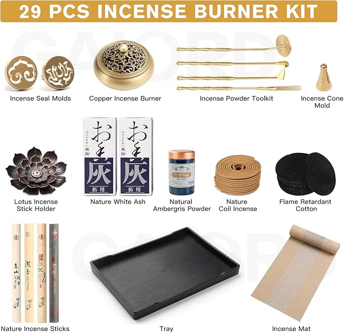 29 Pcs Brass Powder Incense Burner Kit, Incense Making Kit, Incense Powder with Incense Stick Holder(Stick/Cone/Coil Incense) Ash Catcher Tray As Gift for Yoga and Meditation (Glod)