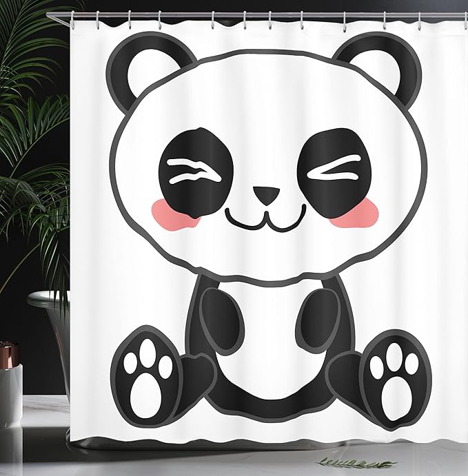 Ambesonne Anime Shower Curtain, Cartoon Smiling Panda Fun Animal Theme Japanese Manga Teen Art Print, Cloth Fabric Bathroom Decor Set with Hooks, 69" W x 70" L, White Grey