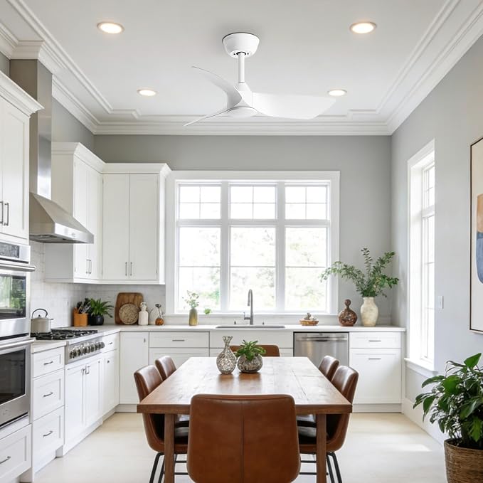 30 Inch White Small Ceiling Fan No Light with Remote 6 speeds | 30 inch quiet ceiling fan no light. 6 speeds, reversible DC motor, timer for small room, bedroom, kitchen, covered patio