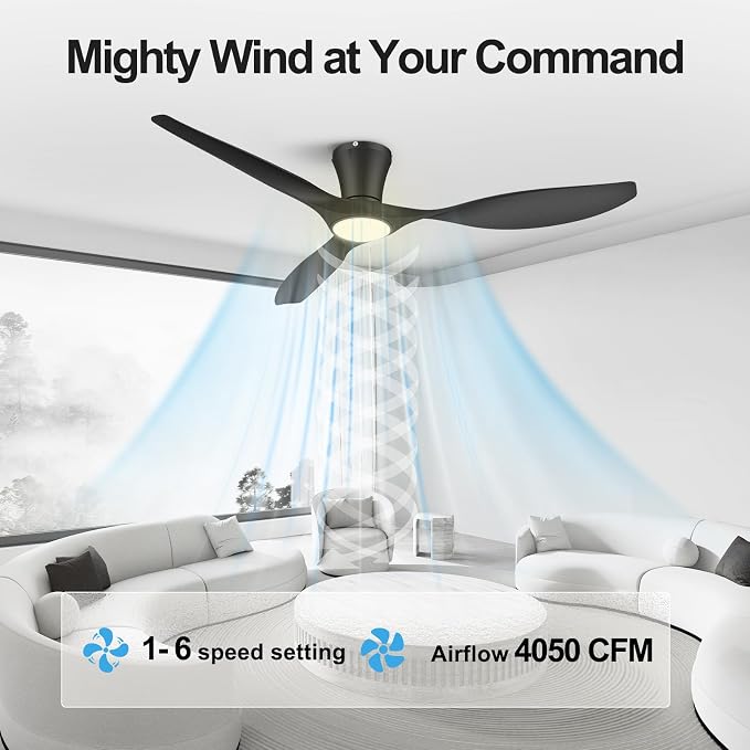ocioc 52 inch Ceiling Fans with Lights and Remote, Dimmable Ceiling Fans with Reversible Quiet DC Motor, Flush Mount, 3CCT, Black Ceiling Fan for Bedroom Living Room Indoor/Outdoor