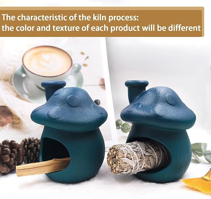 Palo Santo Holder and Sage Burner,Ceramic Mushroom Incense Cone Burner,Mini Chiminea Sage Ash Catcher, Smudge Bowl for Yoga Meditation Home Decor,Blue