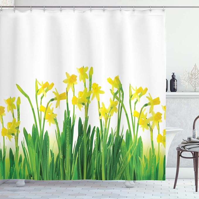 Ambesonne Daffodils Shower Curtain, Narcissus and Daffodil April Spring Flowers Field Natural Seasonal Picture Art, Cloth Fabric Bathroom Decor Set with Hooks, 69" W x 84" L, Green Yellow