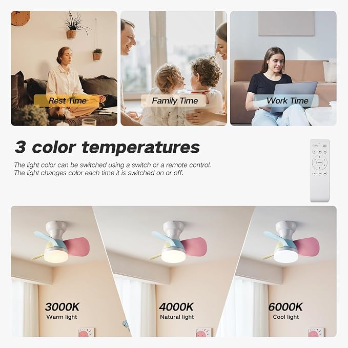 20 Inch Ceiling Fan with Light,3 color ABS blades, Colorful Small Ceiling Fan with Remote Control, Suitable for Living Room, Dining Room, Bedroom