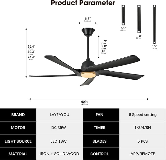 60 Inch Solid Wood Ceiling Fan with Light, Remote and APP Control, 3-color Dimmable, DC Motor, 6-speed Reversible, Farmhouse Ceiling Fans for Bedrooms, Outdoor Patios, Black