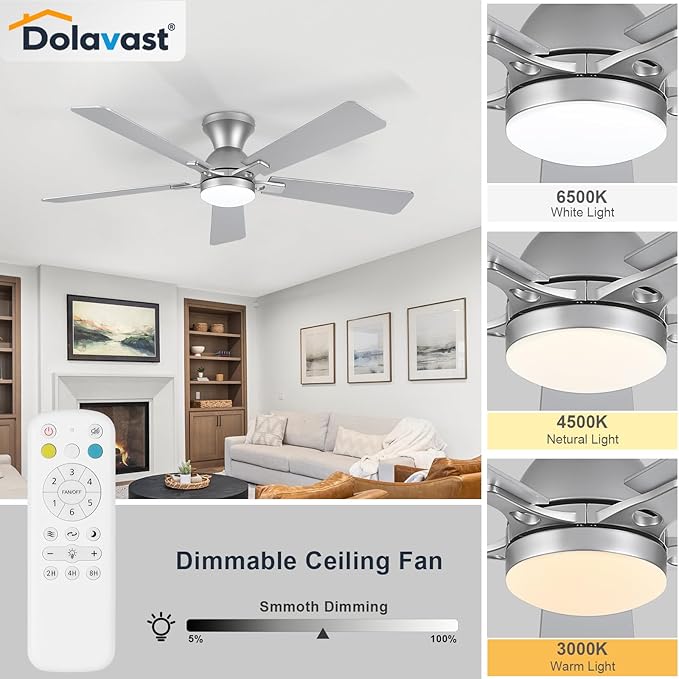 Ceiling Fans with Lights, 52 Inch Low Profile Ceiling Fan with Light and Remote Control, Flush Mount, Reversible, 3CCT, Dimmable LED, Quiet, Nickel Ceiling Fan for Bedroom, Living Room