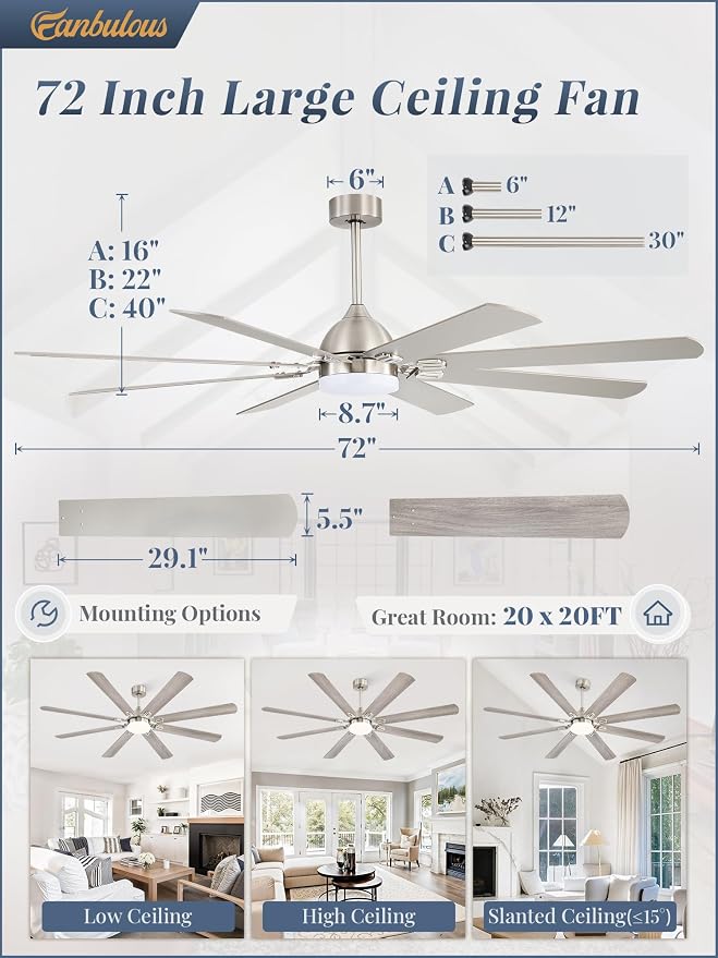 Fanbulous 72 Inch Ceiling Fans with Lights,Nickel Modern Ceiling Fan with Remote,Large Farmhouse Indoor & Outdoor Ceiling Fan with 8 Dual Finish Blades, Quiet DC Motor, Bright LED Light