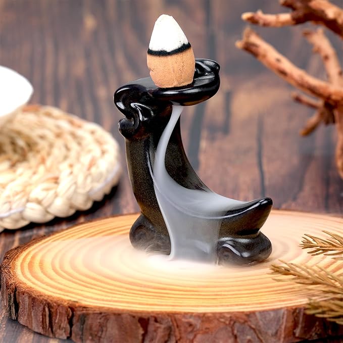 Moon Backflow Incense Holder Waterfall Incense Burner Mini Ceramic Incense Cone Holder Aromatherapy Home Decor for Meditation Yoga Office