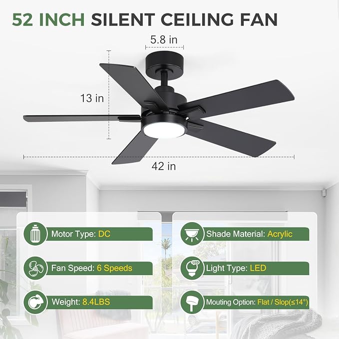 Ceiling Fans with LED Lights, 42 Inch 5-Blade Black Ceiling Fan Remote Control, Modern Ceiling Fan with Reversible DC Motor, Downrod Mount LED Ceiling Fan Light for Living Room Bedroom