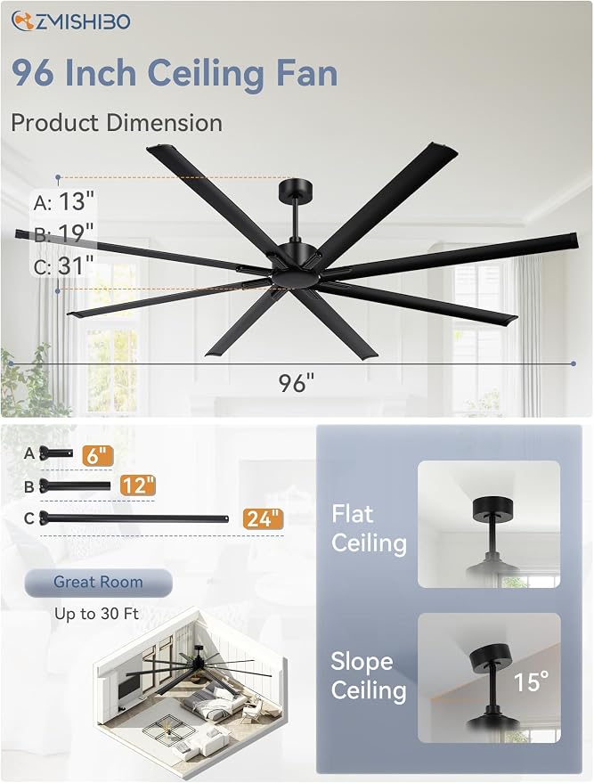 ZMISHIBO 96 Inch Ceiling Fans No Light, Large Industrial Ceiling Fan with 8 Aluminium Blades, Quiet DC Motor, 6 Speeds, Modern Ceiling Fan without Light for Garage/shop/living room,Black
