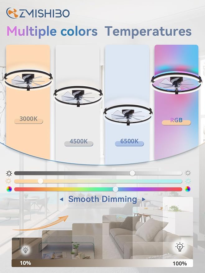 ZMISHIBO RGB Ceiling Fans with Lights and Remote, 23 inch Low Profile Ceiling Fan with Light, 3000K-6000K Dimmable & RGB, Modern Fandelier Flush Mount Ceiling Fan, Small LED Fan for Bedroom,Black