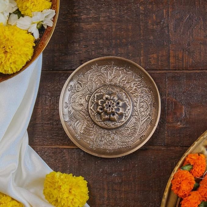 Handcrafted Brass Embossed Incense Burner Stick Holder Bowl Traditional Design for Aromatherapy,Meditaion, Yoga, Ash Catcher Bowl for Home Décor (5" x 5" x 1.5"), Antique Vintage Finish