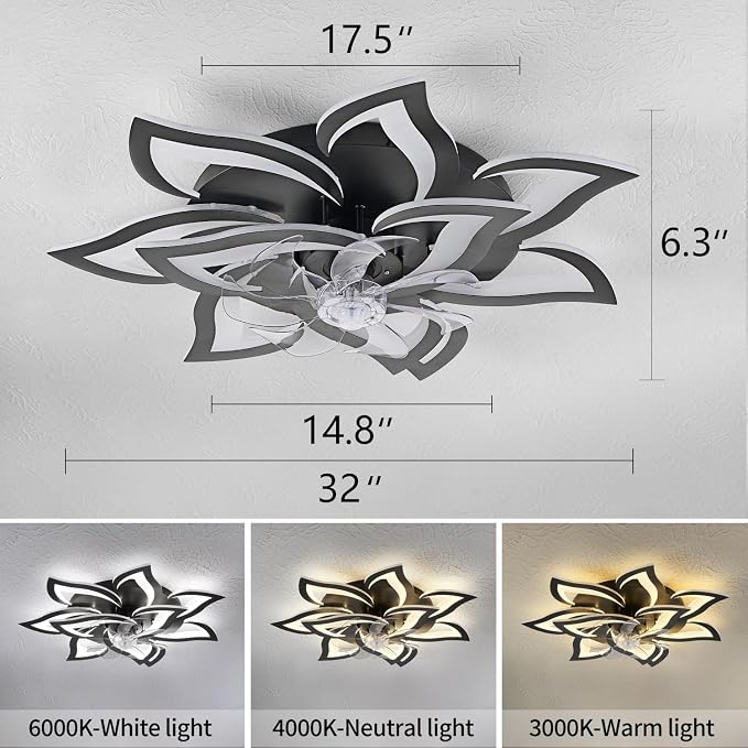 Dalouguan Modern Ceiling Fan with Lights Remote Control, 32" Black 6 Speeds 3 Light Color Low Profile Flush Mount Ceiling Fan for Kitchen Bedroom