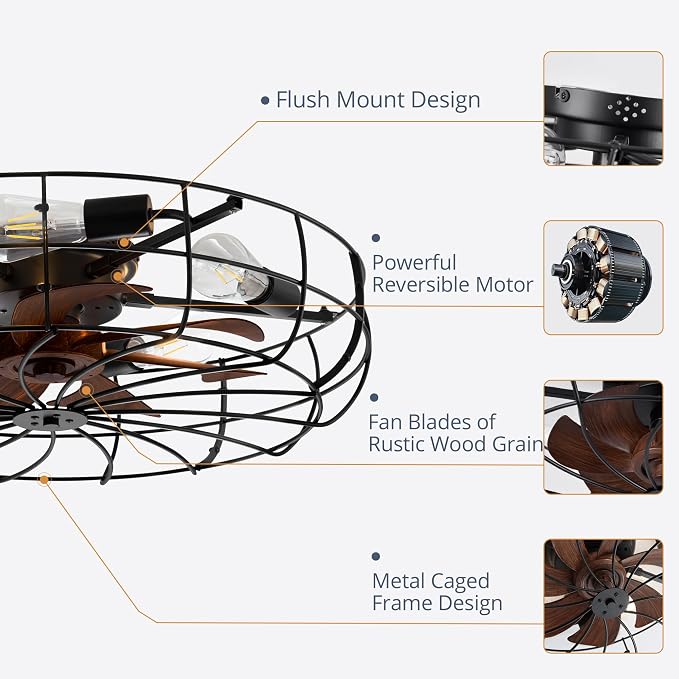 LEDIARY 26" Large Caged Ceiling Fans with Lights and Remote, Flush Mount Bladeless Low Profile, Farmhouse Industrial Enclosed Ceiling Fan for Bedroom, Kitchen, Indoor