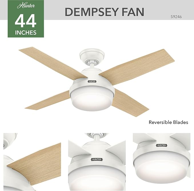 Hunter Dempsey, Indoor, Ceiling Fan, Modern, 4 Blades, 44 inch, Fresh White | with LED Light and Remote Control, Standard Mount, For Bedroom, Living Room, Kitchen, 59246
