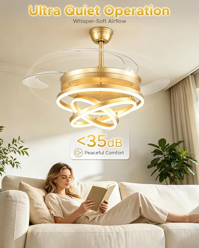 48 Inch Retractable Ceiling Fan with Lights, Gold Fandelier Chandelier Fan with Remote, 6-Speed Silent DC Motor, 3000K-6500K Dimmable LED Light, Modern Ceiling Fan for Bedroom Living Room Dining Room