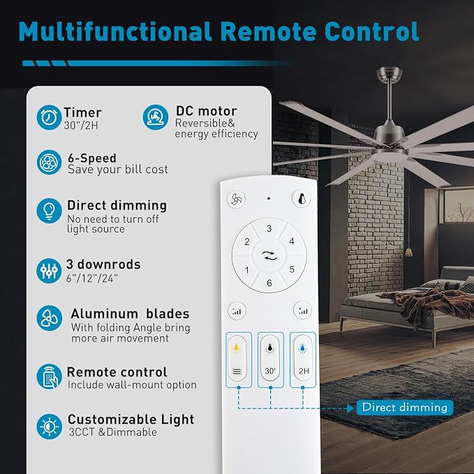 72 lnch lndustrial Celing Fan with Light and Remote Control,Large Celing Fan with 8 Brushed Nickel Aluminum Blades,6 Speed Noiseless DC Motor,Wet Rated Indoor Outdoor Ceiling Fans for Patio,Garage
