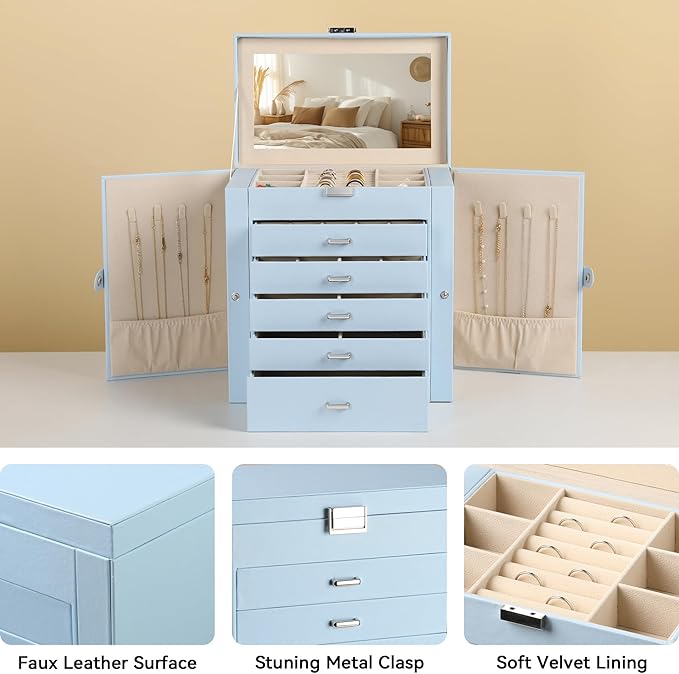 Frebeauty 6-Layer Jewelry Box for Women,Large Jewelry Organizer with Drawer | Faux Leather,Built-in Mirror,Spacious Jewelry Storage,16 Necklace Hooks,Organizing by Category for Rings Earrings Bracelet
