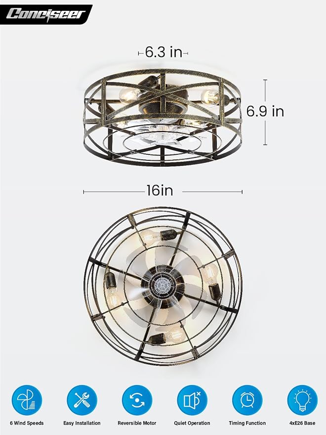 Conciseer 16 Inch Low Profile Caged Ceiling Fan with Lights and Remote, Quiet Reversible DC Motor, 7 Blades, 6 Speed Flush Mount for Bedroom, Kitchen & Living Room, Black/Gold Brushed