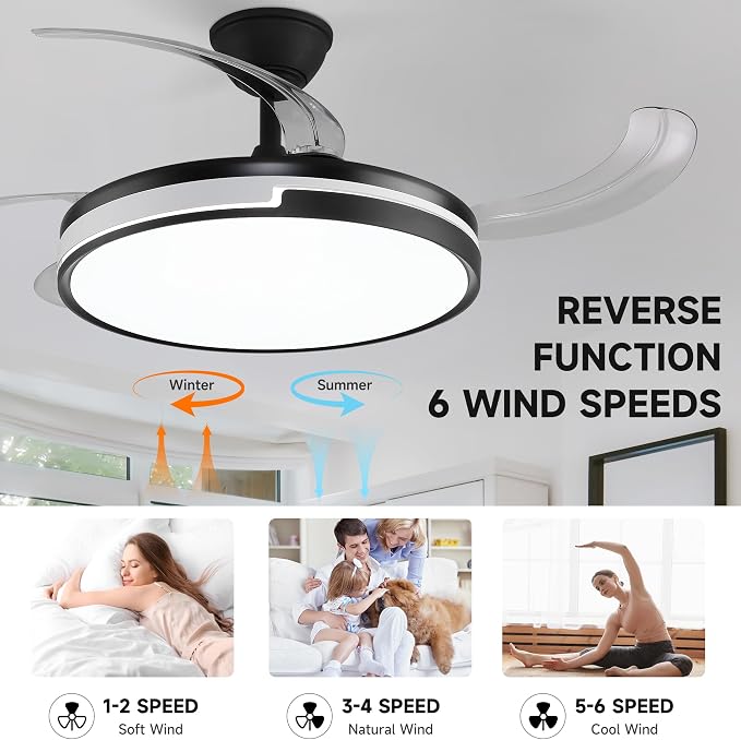 Retractable Ceiling Fans with Lights and Remote, 42'' Black and White Modern Fandelier Ceiling Fans Dimmable LED, Energy Efficient, Memory Function,Timer Setting Fan for Living Room Bedroom