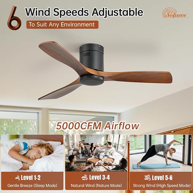 Sofucor 52 Inch Low Profile Ceiling Fans No Light, Modern Flush Mount Solid Wood Ceiling Fan with Airflow 5000CFM, Quiet DC Motor, 6 Speeds, Timer & Reversible for Bedroom Living Room, ETL, Walnut