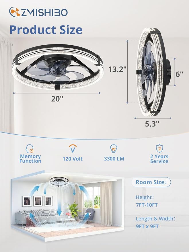 ZMISHIBO Low Profile Ceiling Fans with Lights, Flush Mount Modern Ceiling Fan and Remote Control, 20" LED Ceiling Fans, Stepless Dimmable 3 Colors and 6 Speeds (Black, 20")