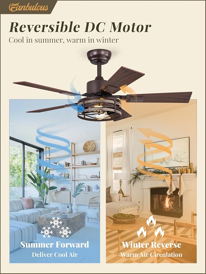Fanbulous Farmhouse Ceiling Fans with Light, 42 Inch Bedroom Ceiling Fan with Lights, 6-Speed Adjustable, Quiet and Reversible DC Motor, 5 Dual Finish Blades, Rustic Caged Ceiling Fan，Oil Bronze