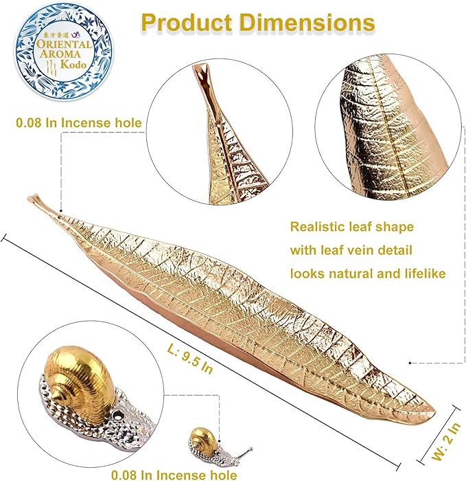 Alloy Lucky Leaf and Cute Snail Incense Stick Holder Burner Ash Catcher Set, U-MATE Oriental Aroma Kodo, Incense Holder Burner, for Decor Meditation Room Home Office Yoga SPA, Color: Gold