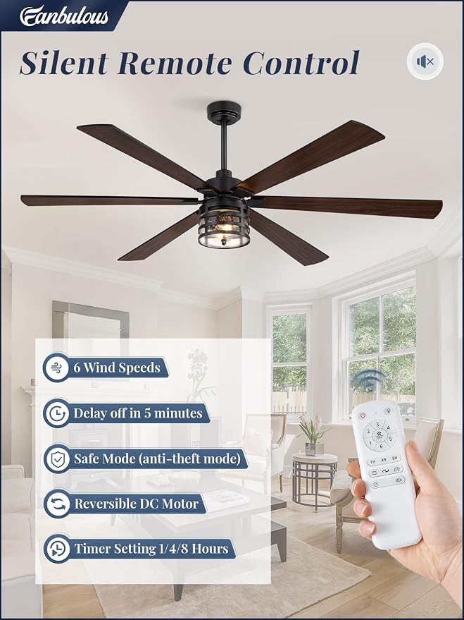 Fanbulous 72 Inch Large Farmhouse Ceiling Fan with Light & Remote,Black | Powerful 6-Speed Reversible DC Motor, Industrial 6 Dual Finish Blades, Ideal for Living Room, Bedroom, Patio, Garage