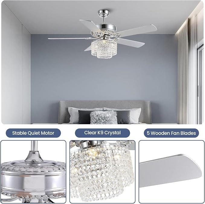 52 Inch Crystal Ceiling Fan with Light and Remote Control, Modern Chandelier Fan with 5 Reversible Wood Blades Chrome Fandelier for Living Room Bedroom (Fine line Crystal-Ceiling Fan)
