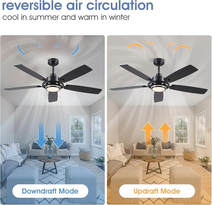 SHIHOT 54" Black Modern Ceiling Fans with Lights&Remote for Bedroom Kitchen | 6 Wind Speeds, Reversible, Dimmable 3 Light Colors LED Light, 30W Noiseless DC Motor,5 Double-Sided Blades,2H Timer