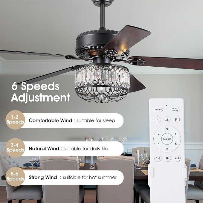 Kviflon Farmhouse Crystal Ceiling Fans with Lights and Remote, 52 Inch Chandelier Ceiling Fans, Black Fandelier Ceiling Fan for Bedroom Living Room, Quiet DC Motor, Reversible, Bulb not Included