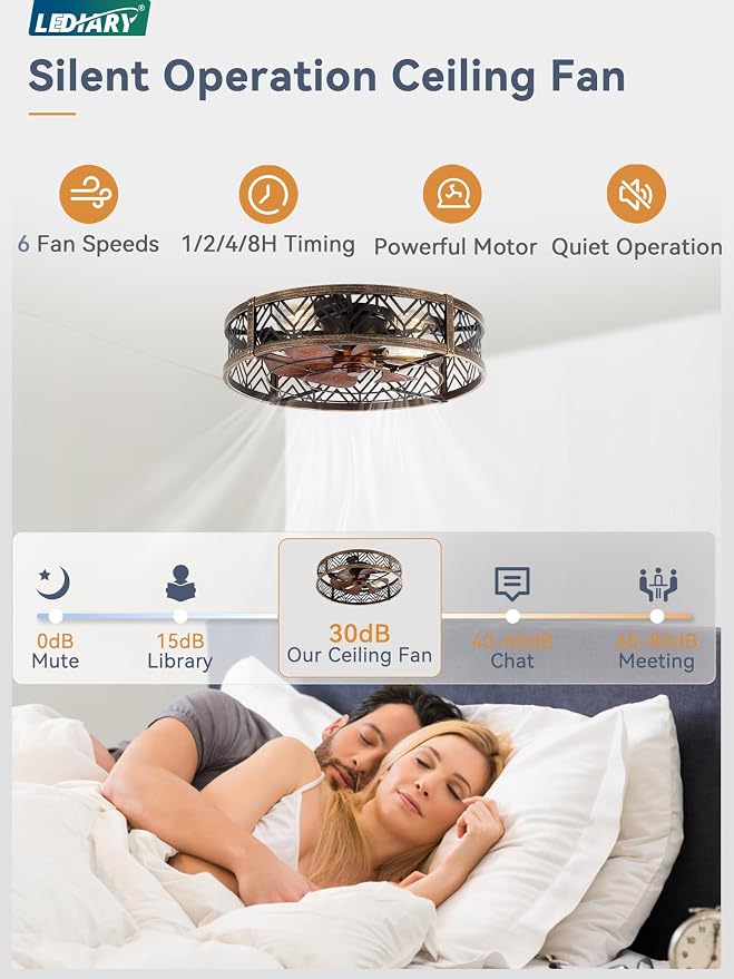 LEDIARY 23" Caged Ceiling Fan with Light, Large Flush Mount, App&Remote Control, Low Profile Bladeless Fan Light Fixture 6 Speed, Reversible and Quiet Motor-Black Gold