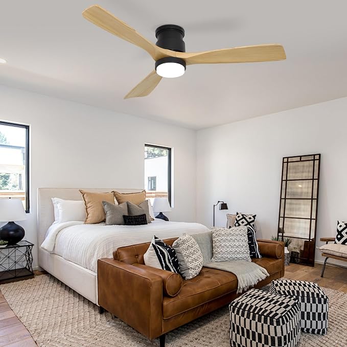 52inch Natural Wood Flush Mount Ceiling Fan with Light and Remote Control