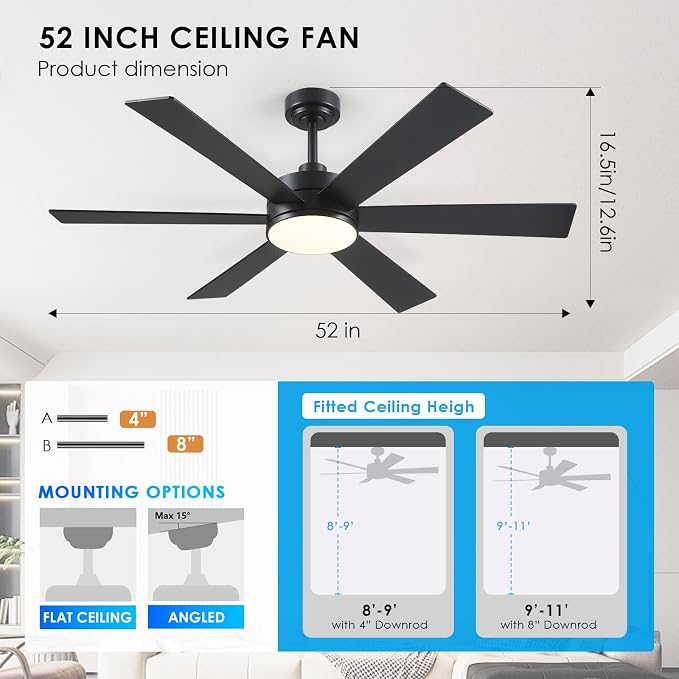BayDay Farmhouse Rustic Ceiling Fans with Lights and Remote, Bedroom Living Room Kitchen Fans Ceiling with Light Chandier (Black, 52 inch)