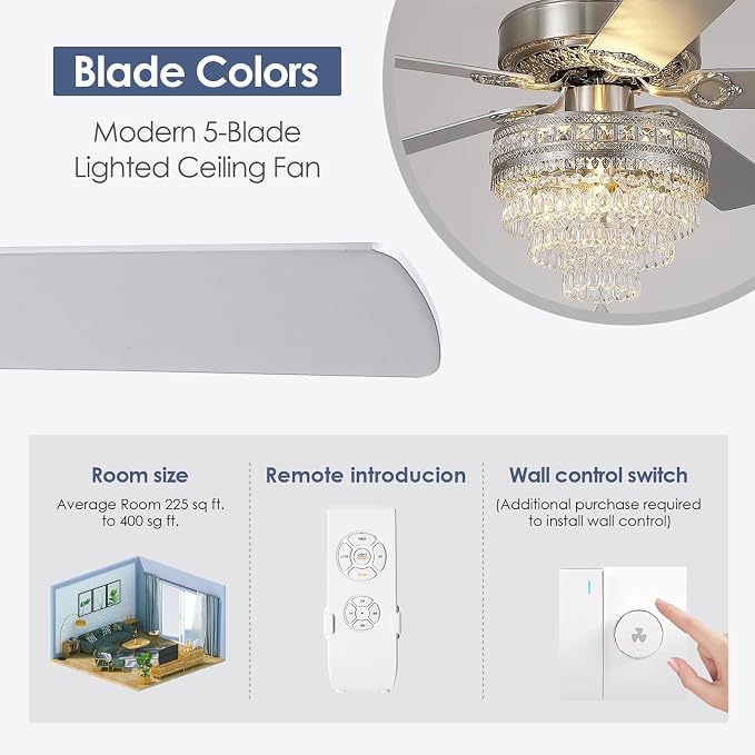52" Silver Crystal Chandelier Ceiling Fans with Lights and Remote Control | Classical Design,6 Reversible Speeds,30W Quiet DC Motor,5 Wooden Blades,2*E12 LED Bulbs Included,for Living Room Bedroom