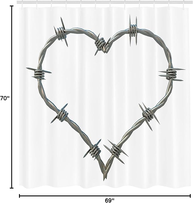 Ambesonne Barbed Wire Shower Curtain, Barbed Wire Heart Shape Twisted Security Safety Themed Illustration Print, Cloth Fabric Bathroom Decor Set with Hooks, 69" W x 70" L, Grey Cream