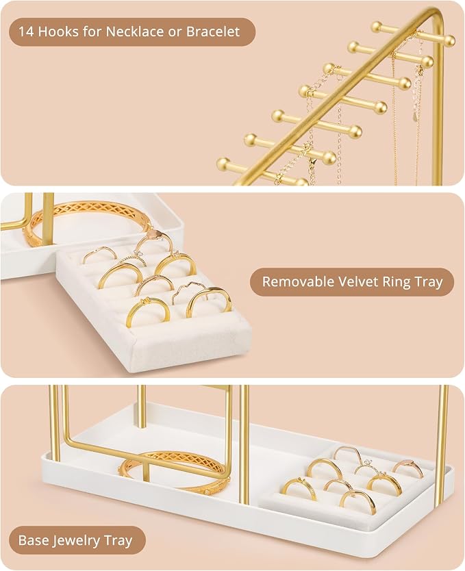 ProCase Jewelry Stand Holder Organizer and Storage, Gold | Rotating Earring Bracelet Holder Storage, Hanging Jewelry Display Velvet Ring Tray, Teen Girls Birthday Gifts Room Dorm Decor