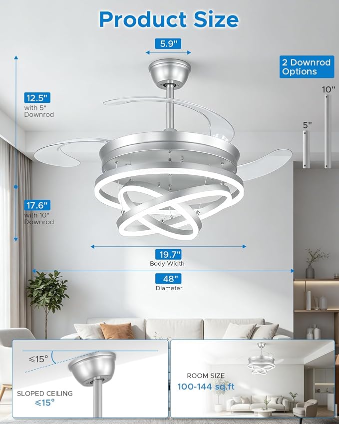 48 Inch Retractable Ceiling Fans with Lights and Remote, Modern Chandelier Fandelier Ceiling Fans, Quiet Reversible DC Motor, 6 Speeds, 3 Color Dimmable LED for Bedroom Living Room (Silver)