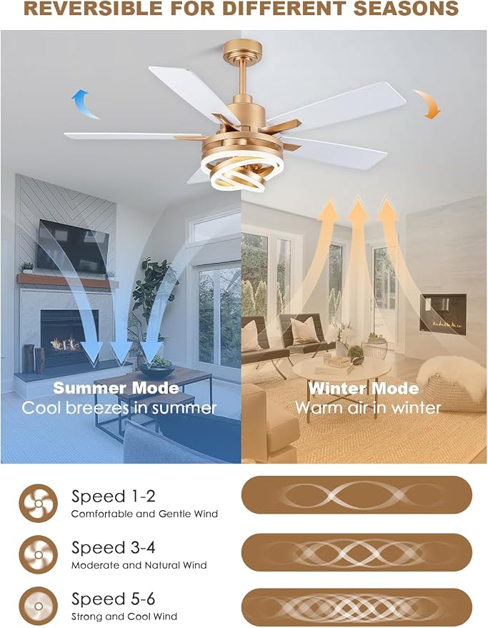 Bella Depot 52 Inch Gold White Ceiling Fan Modern Chandelier Ceiling Fan with Dimmable Light, 6-Speed, Reversible, Timing Option - Ideal for Bedroom Living Room
