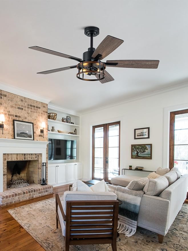 52 Inch Farmhouse Ceiling Fan with Light Rustic Ceiling Fan Quiet and Reversible DC Motor Industrial Caged Chandelier Fan for Living Room Bedroom Patio