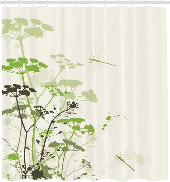 Ambesonne Dragonfly Shower Curtain, Minimalist Foliage and Herbs Illustration with Dragonflies Winged Insects Mystic, Cloth Fabric Bathroom Decor Set with Hooks, 69" W x 70" L, Beige Green