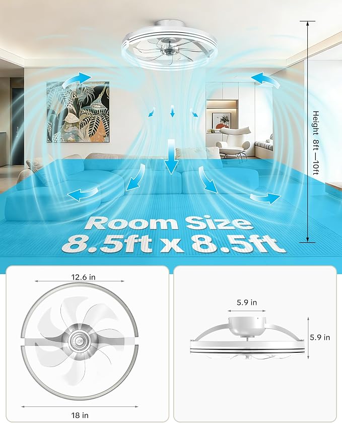 Ceiling Fans with Lights and Remote, Low Profile Ceiling Fan, Morden Flush Mount LED Fan Light, 3000K-6500K Dimmable for Bedroom, Kitchen, Living Room, Striped, White