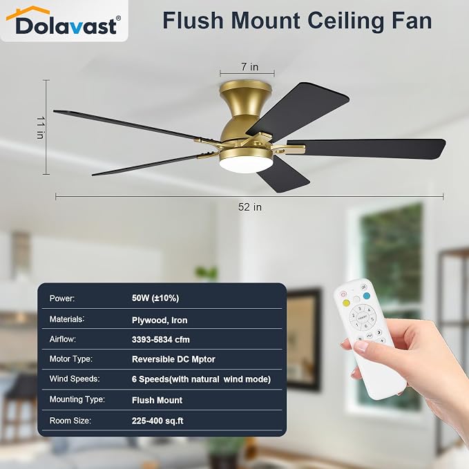 Ceiling Fans with Lights, 52 Inch Low Profile Ceiling Fan with Light and Remote Control, Flush Mount, Reversible, 3CCT, Dimmable LED, Quiet, Gold Ceiling Fan for Bedroom, Living Room
