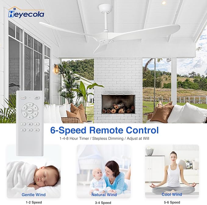 Ceiling Fans Without Light,60 Inch Outdoor Ceiling Fans no Light, 3 Blade Solid Wood Ceiling Fan with Remote Control for Patios Living Room Bedroom Porch. (White Blades + White Body, 60inch)