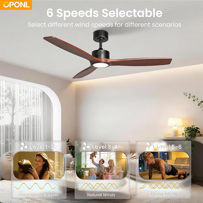 OPONL Ceiling Fan with Light, Ceiling fan with Light and Remote Control, Reversible, 6CCT, Dimmable, Noiseless, Ceiling Fan for Bedroom, Indoor/Outdoor Use, Black, 52 inch, Wood