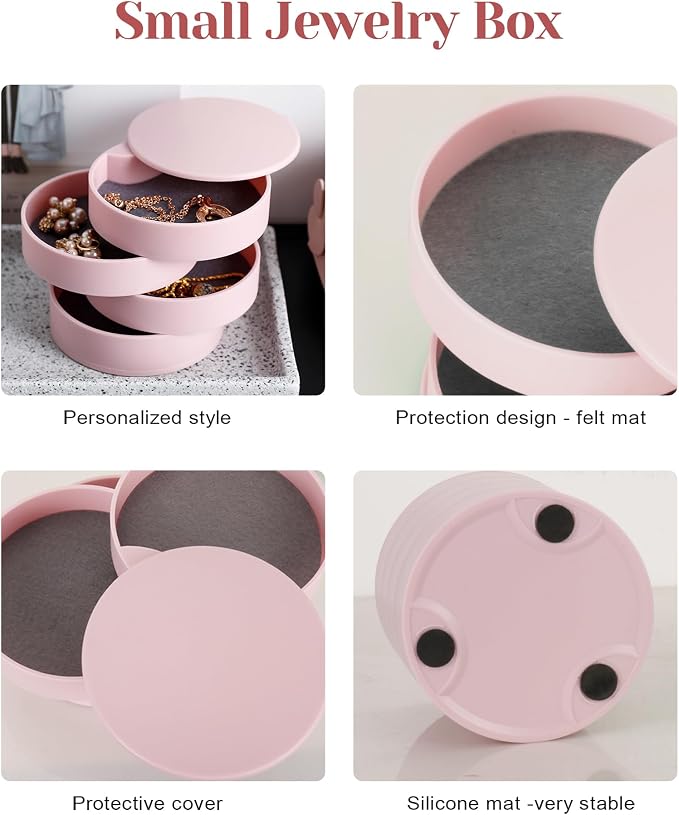 CONBOLA Jewelry Organizer, Small Jewelry Storage Box Earring Holder for Women, 4-Layer Rotating Travel Jewelry Tray Case with Lid for Bracelets Rings Bracelets, Gift for Women Teen Girls