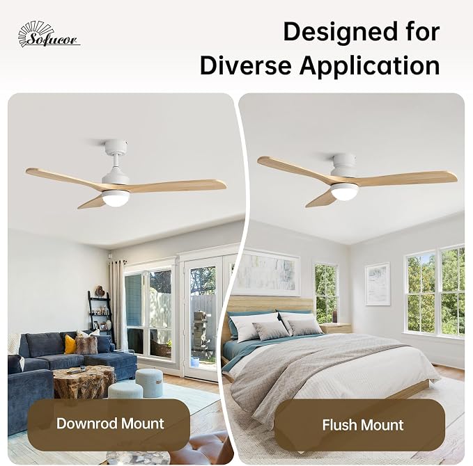 Sofucor 52" Solid Wood Ceiling Fan Lights, Flush Mount & Downrod Mount Ceiling Fan with Lights and Remote, Wood Blades Modern Outdoor Ceiling Fans for Bedroom/Farmhouse/Patio/Indoor